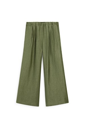 Pantalon large en vert olive, doté d'un tissu léger et texturé avec une taille élastique et des plis subtils pour faciliter le mouvement.