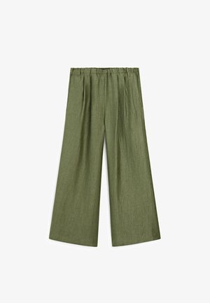Weite Hose in olivgrün, aus einem strukturierten, leichten Stoff mit einem elastischen Bund und feinen Falten für Bewegungsfreiheit.