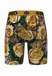 Boxer da uomo con motivo di rose dorate su base nera, con elastico giallo in vita con la scritta "PSD". Realizzati in materiale morbido ed elastico.