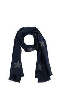 Écharpe marine en tissu doux, ornée d'étoiles en argent et dotée de bords frangés pour une texture agréable. Légère et se drape harmonieusement.