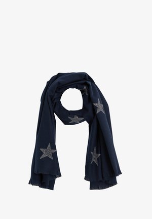 Écharpe marine en tissu doux, ornée d'étoiles en argent et dotée de bords frangés pour une texture agréable. Légère et se drape harmonieusement.