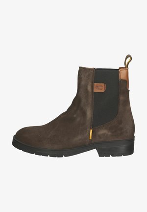 Brown suede ankle boot with elastic side panels, a tan leather accent, a yellow pull tab, and a black rubber sole.