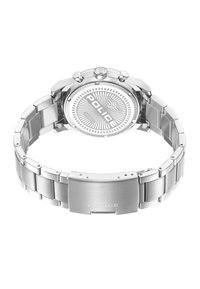 Klocka i rostfritt stål med en silverfärgad rem. Har ett texturerat runt hölje, kronografknappar och en markerad "POLICE"-logotyp.