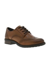 Chaussure brogue pour homme en cuir marron avec lacets noirs et petit talon, dotée de perforations décoratives et d'une semelle en caoutchouc noire.