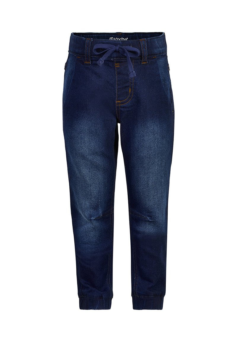 Mørkeblå denim joggebukser med elastisk liv og snøring, med en falmet finish og diskret slitasje ved kneet.