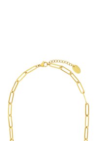 Collar de cadena de oro con eslabones rectangulares alargados, que cuenta con un cierre de langosta y un extensor de cadena ajustable. Acabado suave, diseño minimalista.