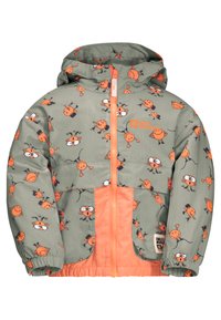 Veste pour enfants verte et orange avec capuche, présentant un motif cartoon ludique, fermeture éclair et poignets élastiques.