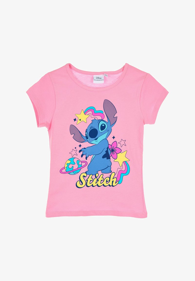 Rosa T-Shirt mit kurzen Ärmeln aus Baumwolle, das einen blauen Cartoon-Charakter, Stitch, zeigt, umgeben von Sternen und einem Planeten.
