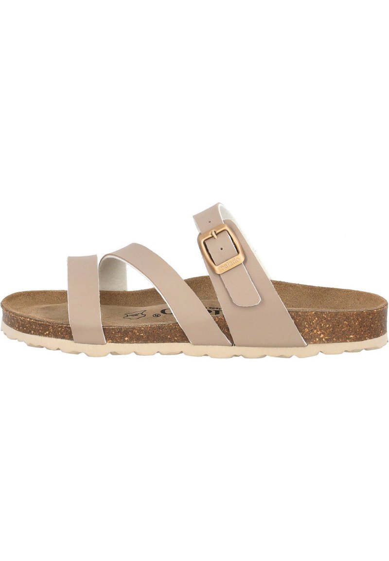 Sandalo beige con due ampie cinghie incrociate e una fibbia. Sottopiede in sughero, suola leggera in gomma e finitura liscia. Design minimalista e funzionale.