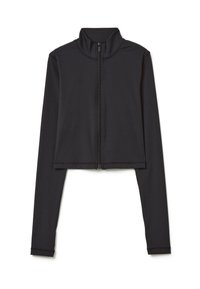 Schwarze, kurz geschnittene Zip-Jacke mit hohem Kragen, langen Ärmeln und einem glatten, dehnbaren Stoff. Verfügt über einen mittig angebrachten Reißverschluss.