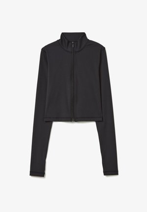 Schwarze, kurz geschnittene Zip-Jacke mit hohem Kragen, langen Ärmeln und einem glatten, dehnbaren Stoff. Verfügt über einen mittig angebrachten Reißverschluss.