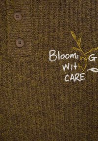 Oliivinvihreä neulospaita jossa on teksturoitu kuvio, kaksi ruskeaa nappia ja valkoisella ja keltaisella kirjailtu teksti "Blooming with Care".