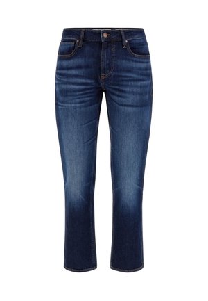 Tmavě modré džínové kalhoty s polo-vysokým pasem, přiléhavým střihem, mírným vyblednutím a klasickým pěti-kapsovým stylem. Otevřený lem na kotnících.