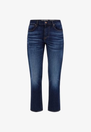 Tummansiniset farkut, joissa on keskikorkea vyötärö, kapea malli, kevyttä kulumista ja klassinen viisi taskua -tyyli. Raaka helma nilkoissa.