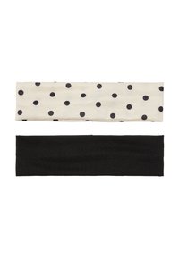 Dwie opaski na głowę: jedna kremowa w czarne kropki, druga jednolicie czarna. Obie wykonane z miękkiego materiału, prostokątne, bez zdobień.