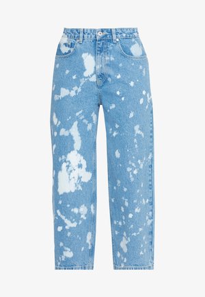 Light blue denim jeans with white bleach splatter pattern, high waist, front button, and pockets.