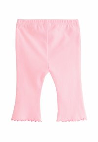 Világos rózsaszín leggings, puha pamutból készült, fodros szegéllyel ellátott bővülő szárakkal és kényelmes, rugalmas derékrésszel.