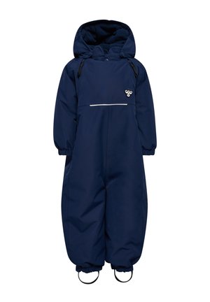Dunkelblauer isolierter Schneeanzug mit Kapuze, elastischen Bündchen und verstellbaren Trägern. Verfügt über reflektierende Besätze und ein Logo auf der Brust.