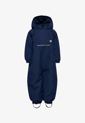 Marineblauwe geïsoleerde sneeuwpak met een capuchon, elastische manchetten en verstelbare banden. Voorzien van reflecterende details en een logo op de borst.