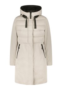 Manteau rembourré beige clair avec une capuche, présentant une section supérieure matelassée, un intérieur noir et deux poches zippées à l'avant.