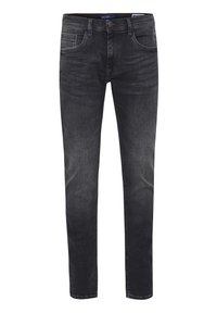 Jeans de denim ajustados, de color gris oscuro, con un ligero desvanecimiento, diseño de cinco bolsillos y cierre de botón metálico en la cintura.