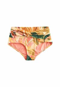 Hochgeschnittene Bikinihose mit einem floralen Muster in Orange, Pink und Grün auf einem beigen Hintergrund. Weicher, dehnbarer Stoff mit Raffung.