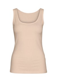 Toppe in beige realizzata in tessuto liscio, caratterizzata da un girocollo e spalline larghe, con una silhouette aderente e senza motivi visibili.