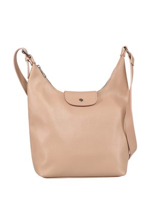 Beige leren schoudertas met verstelbare band, ritssluiting aan de bovenkant en voorflap met drukknoopsluiting.