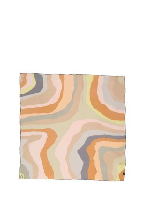 Silk scarf featuring wavy patterns in warm tones of orange, beige, pink, and grey, with a stitched edge and small logo detail.