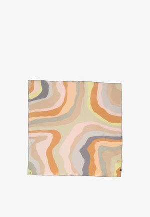 Silk scarf featuring wavy patterns in warm tones of orange, beige, pink, and grey, with a stitched edge and small logo detail.