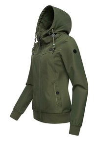 Oliwkowa kurtka z kapturem, z suwakiem z przodu, dwoma kieszeniami bocznymi, ściągaczami na mankietach i dekoracyjnymi sznureczkami. Gładki, usztywniony materiał.
