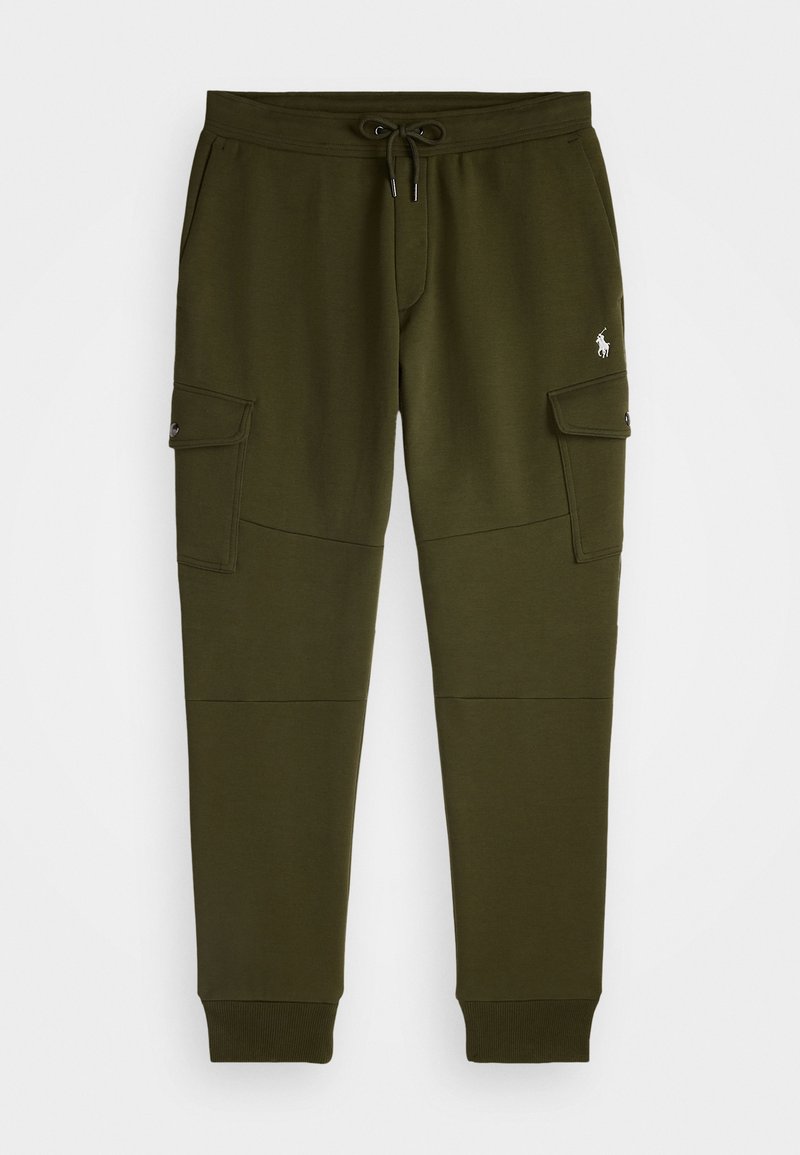 Peažroheline jogger'ite alus, mis on valmistatud pehmest kangast, sisaldab cargo taskuid, nööriga vöökohta ja soonikuid; esiküljel on tikandiga logo detail.
