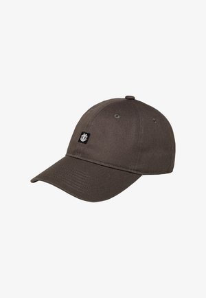 Graue Baseballkappe aus Baumwolle mit einem gebogenen Schirm, einem genähten Patch-Logo, Belüftungslöchern und einem verstellbaren Hinterriemen.