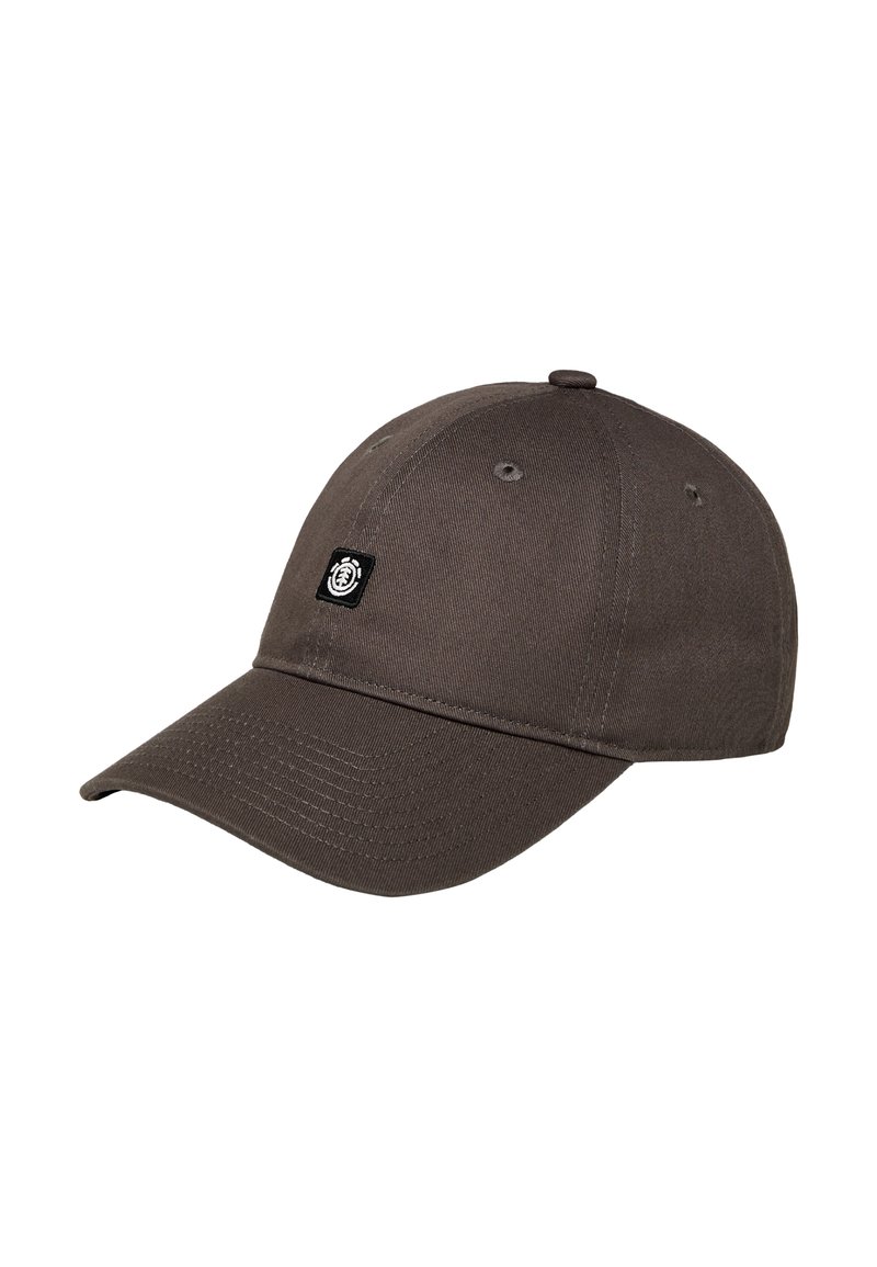 Graue Baseballkappe aus Baumwolle mit einem gebogenen Schirm, einem genähten Patch-Logo, Belüftungslöchern und einem verstellbaren Hinterriemen.