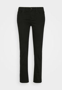 Pantalon noir slim pour femme avec bouton et fermeture éclair à l'avant, passants pour ceinture, et poches avant et arrière, présenté à plat sur fond blanc.