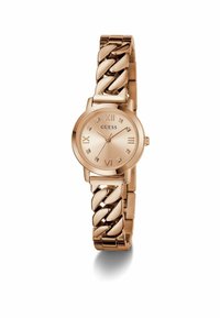 Rose gold wristwatch with a round face, Roman numeral hour markers, and a chunky chain-link bracelet design. Features subtle sparkling accents.