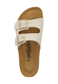 Sandal in paglia chiara con due fibbie regolabili, soletta in sughero sagomata e una texture liscia. Marchio stampato sulla soletta.