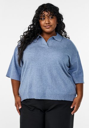 Light blue short-sleeve polo sweater with a collar, featuring a relaxed fit and a textured knit pattern, paired with black trousers.