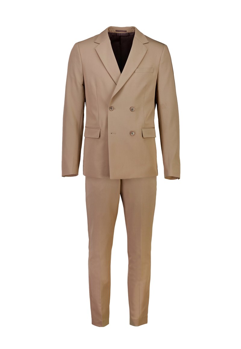 Completo doppiopetto beige realizzato in tessuto liscio. La giacca presenta due bottoni e una tasca. I pantaloni hanno una vestibilità su misura e una parte anteriore piatta.