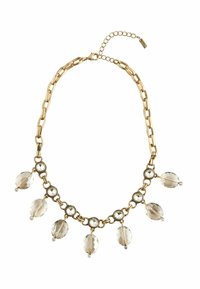 Gold-Link-Halskette mit ovalen Perlen und klaren Kristallakzenten, mit einer Kettenverlängerung für eine verstellbare Länge. Glatte Textur, multifacettierte Details.