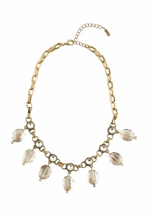 Gold-Link-Halskette mit ovalen Perlen und klaren Kristallakzenten, mit einer Kettenverlängerung für eine verstellbare Länge. Glatte Textur, multifacettierte Details.