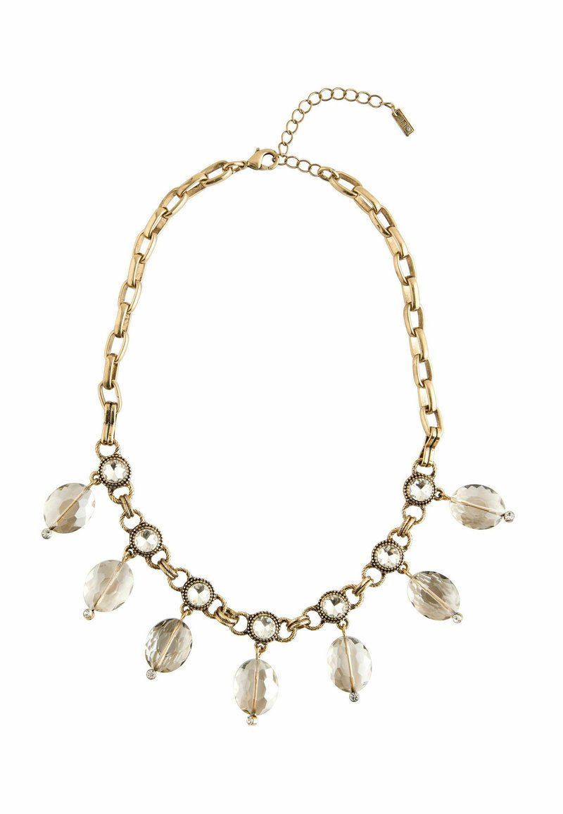 Gold-Link-Halskette mit ovalen Perlen und klaren Kristallakzenten, mit einer Kettenverlängerung für eine verstellbare Länge. Glatte Textur, multifacettierte Details.