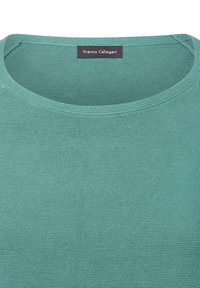 Teal gebreide trui met een ronde halslijn en een zachte textuur. Heeft een label met "Franco Callegari" genaaid in de kraag.