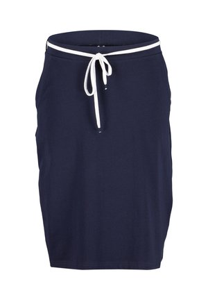 Marineblauwe rok tot op de knie met een witte trekkoordband en zijzakken, gemaakt van zachte stof.