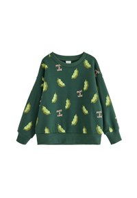 Sweatshirt vert foncé avec des petits pois souriants éparpillés et le texte "Peas & Love" imprimé en rose clair.