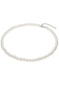 White pearl necklace featuring round pearls with a smooth texture, secured by a silver-tone clasp and adjustable chain.