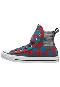 Baskets montantes en tissu à carreaux rouges et bleus, avec une semelle en caoutchouc blanche, des lacets noirs et un détail de cheville en tissu gris rayé.