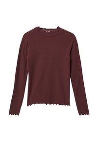 Langärmliges, geripptes Oberteil in dunklem Burgunderrot mit einem rüschierten Ausschnitt und welligem Saum. Weiche Textur mit glattem Stofffinish.
