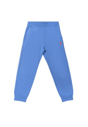 Pantaloni jogger con vita elastica blu, tasche laterali, polsini alle caviglie e un piccolo logo arancione ricamato sulla coscia destra.