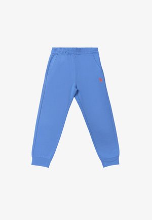 Pantaloni jogger con vita elastica blu, tasche laterali, polsini alle caviglie e un piccolo logo arancione ricamato sulla coscia destra.